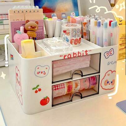 1入組卡通圖案文具收納白色塑膠多線格桌面收納盒