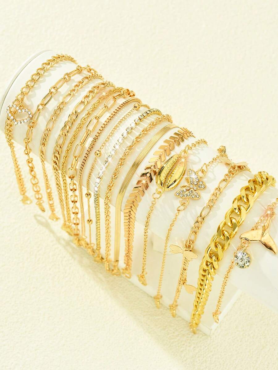 19 件/17 件/14 件/13 件波西米亚风格金属水钻心形贝壳鱼尾蝴蝶串珠多件套脚链套装，优雅的女性珠宝礼物，适合夏季海滩度假、日常佩戴、节日、周年纪念 - 金黃色 - 查看 1