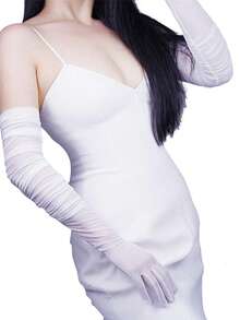 1 双黑色手套歌剧手套女式哥特薄纱超长手套，黑色弹性蕾丝网，半透明歌剧万圣节晚宴手套纯色优雅新娘手套婚礼部分万圣节配饰冬季手套sy2k 婚礼 - 彩色 - 查看 9