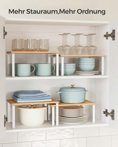 SONGMICS Gewürzregal, 2er Set Küchen-Organizer, Küchenregal, Schrank-Organizer Küche, erweiterbar, kleines Regal, stapelbar, Metall und Holzwerkstoff, wolkenweiß-naturbeige