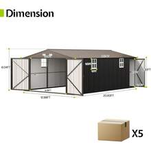 13x21x8 FT Heavy Duty Metal Garage Shed Extra Large Outdoor Storage Shed With Double Hinged Doors 4 Windows Carport For Car Truck Bike And Garden Equipment Dark Gray Modern Storage Building - 黑色 - 查看 7