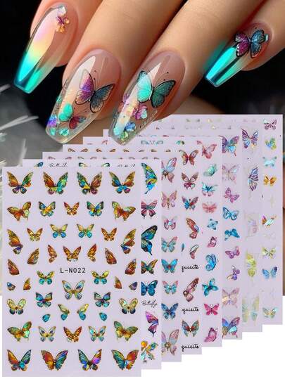 8 piezas Pegatinas de arte de uñas con mariposas láser de colores, diseño de verano, calcomanías de uñas 3D, deslizadores autoadhesivos DIY, adecuados para decoración de uñas acrílicas, accesorios de arte de uñas, suministros para uñas