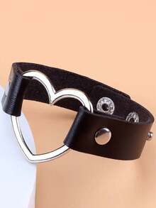 1pc Simple Cute Hollow Heart Shaped Leather Bracelet, Punk Goth Style Accessory - Black - View 2