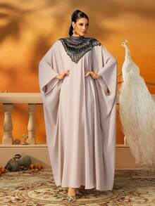 AmazingHoney Luxury Cream Sequin Embellished Jalabiya With Statement Neckline, Loose-Fit Long Kaftan Dress, Elegant Modest Gown For Eid, Ramadan, Wedding Guest, Arabian Occasionwear - Dusty Pink - View 3