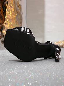 2025夏季新款女士凉鞋，百搭单扣性感法式蝴蝶结方头细高跟鞋，露趾套脚鞋，可搭配连衣裙，细高跟鞋 - 黑色 - 查看 6