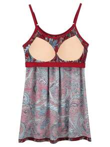 Women's Camisole With Built In Bra Tank Top Flowy Swing Pleated Tank Top Cami With Adjustable Spaghetti Strap Shelf Bra Loose Vest - Red Flower - 查看 6