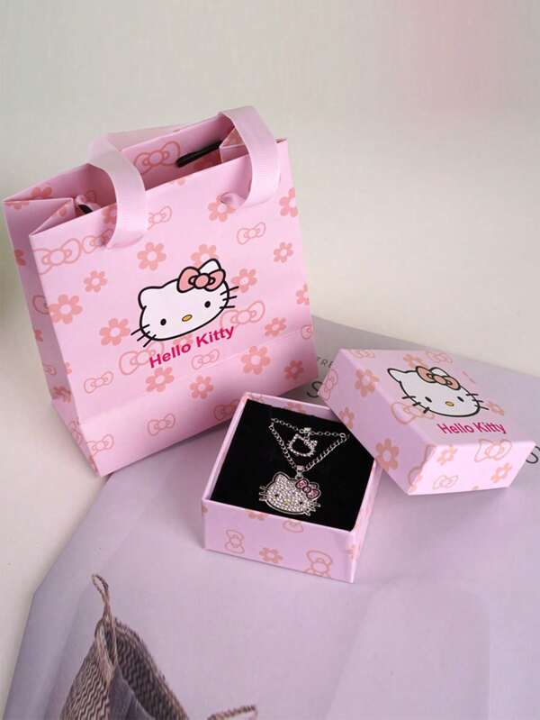 Sanrio Sanrio Two Hello Kitty Necklace Cartoon Cute Girl KT Cat Pendant With Diamond Clavicle Chain With Gift Box And Gift Bag, Suitable For Birthday Gifts, Valentine's Day Gifts.
