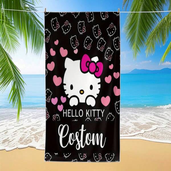 Sanrio 1pc Sanrio Hello Kitty Oversized Beach Towel - Quick Drying, Ultra Soft Microfiber With Pink Heart Pattern, Ideal For Travel, Camping, Swimming, Yoga