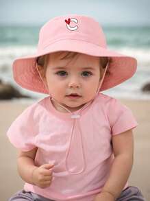 1 pezzo Cappello da sole per bambini con stampa a cuori e lettere, con cordino regolabile antivento, stile casual, cappello secchiello per neonati, adatto per attività all'aperto, spiaggia, protezione dal sole