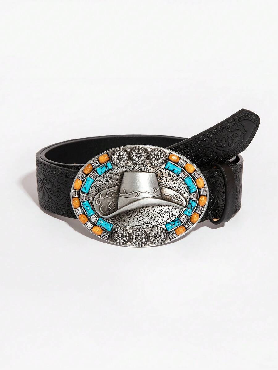 1pc Women's Black Western Style Metal Carved Dragon Embossed Belt Buckle - Black-metal Engraved Hat Buckle - View 1