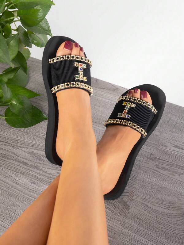 Women's Summer Rhinestone Decor Flat Sandals, Lightweight Non-Slip Slippers For Indoor Outdoor Beach Use
