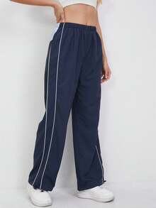 Women's High Waist Slimming Wide Leg Fashionable Contrast Color Outdoor Sports Casual Pants - Navy Blue - View 5