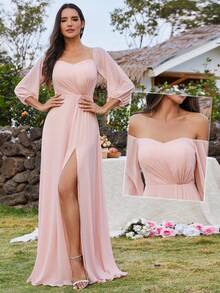 EVERPRETTY Vestido de dama de honor formal de gasa rosa con escote corazón, hombros descubiertos y abertura en el muslo, elegante para primavera