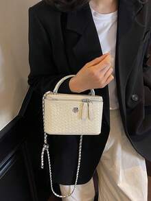 1 Piece Classic Fashion Elegant Solid Color Small Fragrance Style Popular New Hand Box Bag Simple Fashion Shoulder Messenger Bag - White - View 6