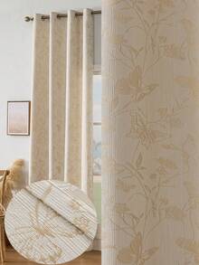 1 件法式农舍风格竹条纹重提花遮光窗帘，适用于卧室、客厅、阳台、书房和家居装饰 - 米色 - 查看 1