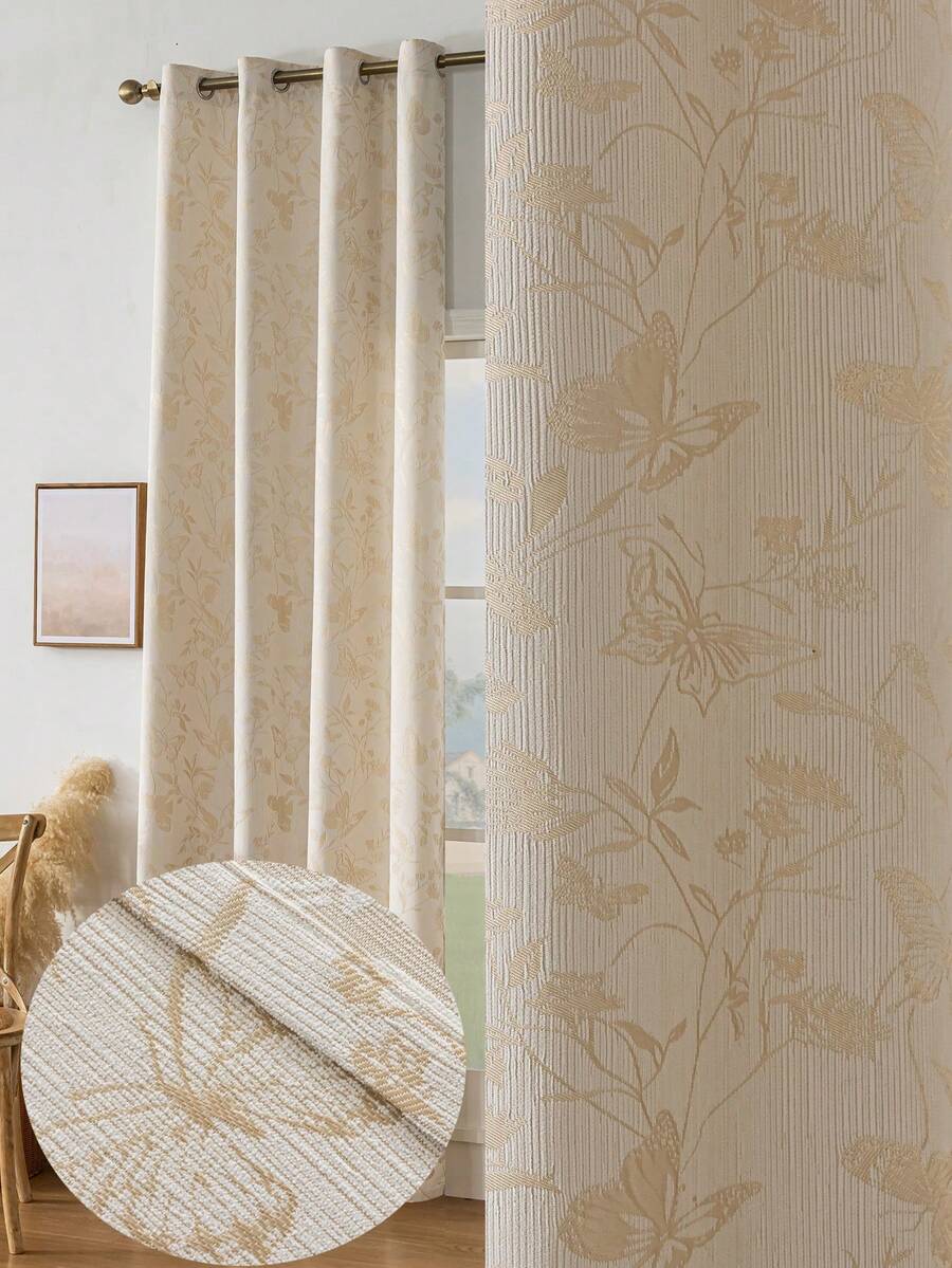 1 件法式农舍风格竹条纹重提花遮光窗帘，适用于卧室、客厅、阳台、书房和家居装饰 - 米色 - 查看 1