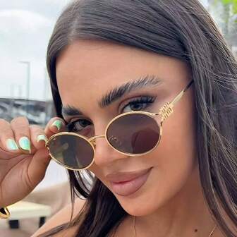 Oval Golden Glasses, Fashion Decorative Glasses For Daily Life, Birthday, Christmas, Valentine's Day Gifts, Eye Protection For Driving, Walking, Photography For Summer Beach Vacation,Outdoor,Travel