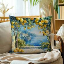 1 buc. Husă de pernă cu model de lămâie și ocean de vară, material fleece coral imprimat pe o singură față, husă de pernă decorativă 45*45cm/18*18inch, potrivită pentru canapea modernă minimalistă, sufragerie, cadou