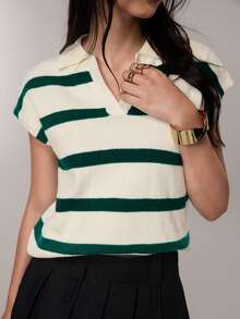 FOR BEAUTY Spring/Summer New Vintage Striped Contrast Color Lapel Sleeveless Knit Top, Loose Casual Pullover, Commuting Style, Christmas Top, New Year - Apricot Dark Green - View 6