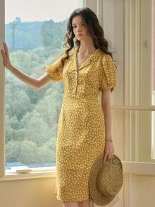 Simple Retro Puff - Sleeved Woven Dress With Small Daisy Print And Turn - Down Collar For Spring And Summer - Yellow - View 5