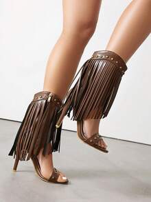 波西米亚风性感高跟侧拉链铆钉流苏短靴女式夏季复古 V 型剪裁细趾环凉鞋 - 棕色 - 查看 7