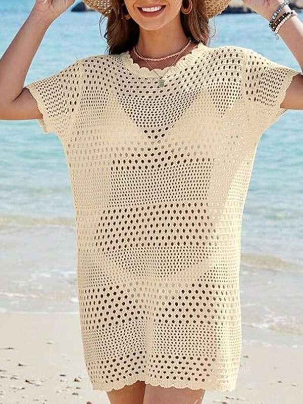 Beach Vacation Casual Hollow Out Short Sleeve Cover Up Dress