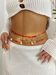 3pcs Beaded Starfish Multilayer Body Jewelry Chain, Bohemian Style Beach Vacation Countryside Waist Chain For Women - Multicolor - View 4