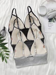 3 UNIDADES Tirantes cortos con escote en V profundo para la espalda bonita de las mujeres en verano, triángulo francés casual y sencillo, ropa interior acanalada, sin aro de acero, sujetador deportivo de unicolor con gran escote en U para un solo conjunto de ropa interior
