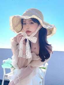 1pc Women's Straw Hat, Lace Trim Wide Brim Sun Hat For Summer Beach Holiday, Fashionable And Face-Slimming - Beige - View 4