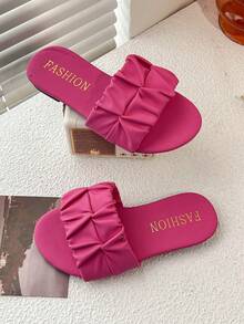 1 Pair Of Summer Promotion Peach Pink Wear-Resistant Slippers For Girls Fashion Dynamic Simple Black Wedge Sandals For Girls 3-12 Years Old Are Suitable For Indoor And Outdoor Daily Solid Color Pleated Decorative Flip-Flops