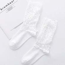 1 par de calcetines hasta la mitad de la pantorrilla de unicolor con bordado de flores y diseño calado para mujer - Negro - Ver 9