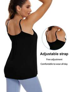 Plus Size Women's Cami With Built In Bra Flowy Tank Top Swing Pleated Shirt Camisole Adjustable Spaghetti Strap With Shelf Bra Cup Pad Loose Tops Summer Beach Casual S-4XL - 黑色 - 查看 3