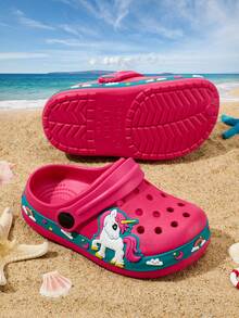 1 Pair Girls' Cute Rainbow Pony Cartoon Fashion Comfortable Casual Lightweight Versatile Open Toe Breathable Slip-On Shoes, Spring/Summer - Hot Pink - View 4