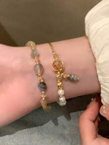 1 件双层天然石人造珍珠串珠手链，多色情侣配饰，精品复古优雅设计 - 主圖款 - 查看 4