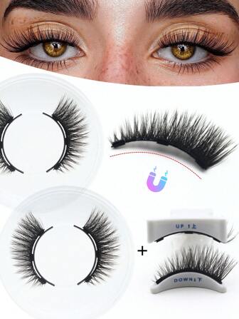 2 Pairs Magnetic Eyelashes Natural Long With Applicator Reusable Lashes Extension Women Beauty Thick 3D False Magnetic Lashes No Glue Strip Lashes,Lashes,Eyelashes,Fake Lashes