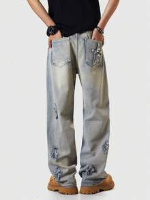 Baggy Blue Jeans, Vintage Straight Leg Hip Hop Loose Fit Casual Streetwear Skateboard Retro Distressed Denim Pants - Blue - View 2