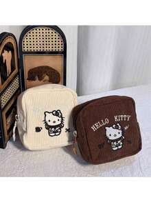 Sanrio No.1 Sanrio Hello Kitty Muster Make-up Tasche, Kastanienbraune Stickerei, zwei Erscheinungsformen, modische multifunktionale Reise-Aufbewahrungstasche - geeignet zum Aufbewahren von Toilettenartikeln, Damenbinden und Kosmetika, ein Muss für die Reise