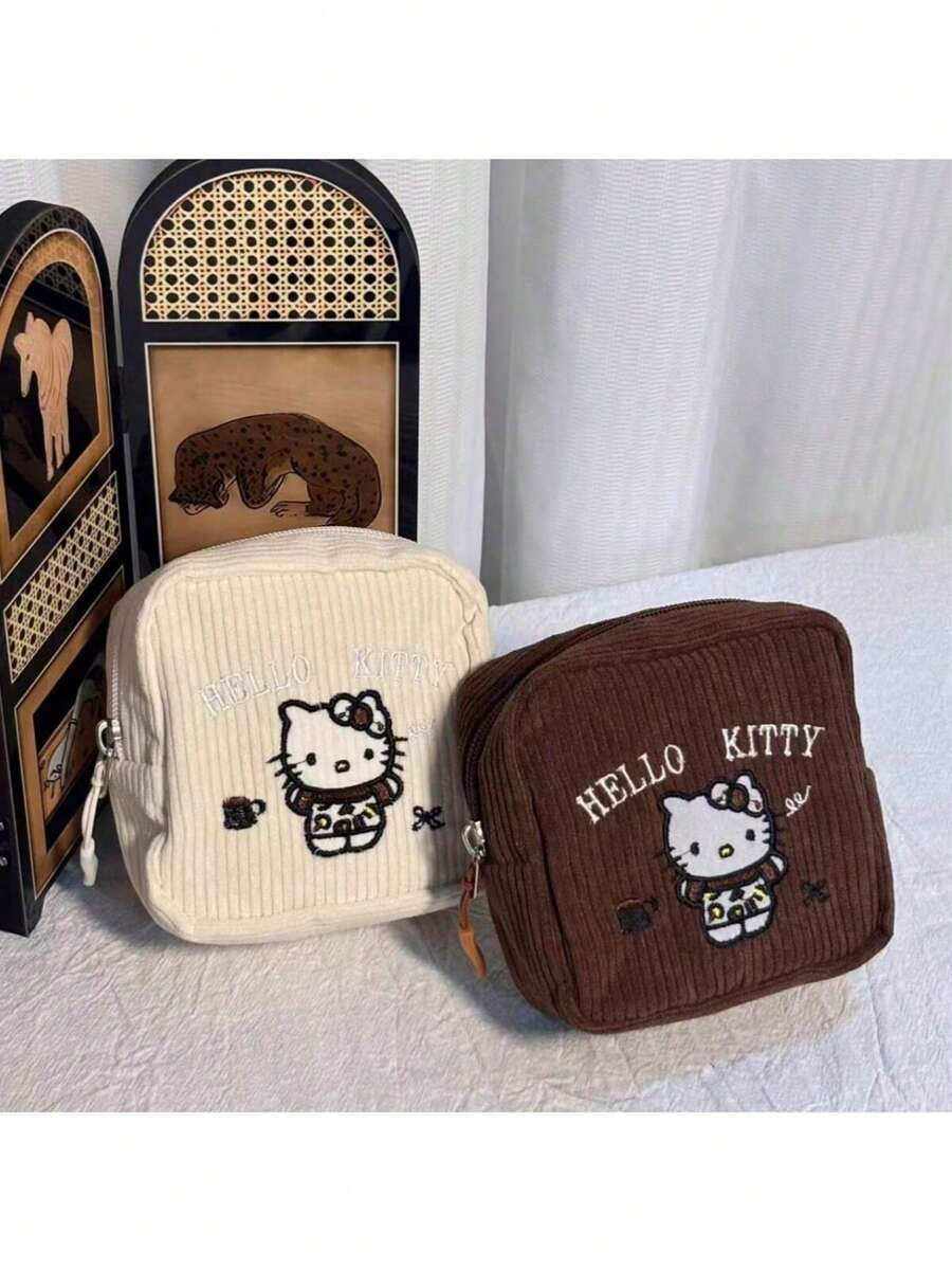 Sanrio No.1 Sanrio Hello Kitty Muster Make-up Tasche, Kastanienbraune Stickerei, zwei Erscheinungsformen, modische multifunktionale Reise-Aufbewahrungstasche - geeignet zum Aufbewahren von Toilettenartikeln, Damenbinden und Kosmetika, ein Muss für die Reise
