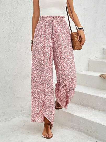 Women's Ditsy Floral Wide Leg Casual Pants, Suitable For Vacation