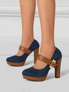 Ladies' Elegant Thick Heel High Heels, Elegant Solid Color Mary Jane Shoulder Strap Casual Shoes, Comfortable Office Shoes - Màu xanh lam - Xem 3