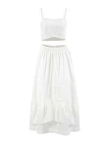 Bộ 2 món áo crop top vải lanh ren trắng gợi cảm phong cách Pháp thanh lịch mới cho mùa xuân/hè & chân váy xếp ly cắt eo - trắng - Xem 8