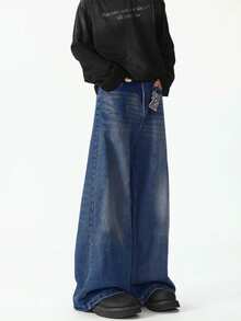 1pc Men's Fashionable Loose Retro Vintage Washed Wide-Leg Versatile Denim Jeans - Royal Blue - View 3