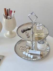 1 Piece Luxury Double Decker Perfume & Jewelry Storage Rack, Elegant Silver Key & Trinket Desktop Organizer Tray Back To School - Silver - View 3