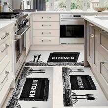 Kitchen Rug And Mat Set With My Kitchen Phrase Pattern, Non-Slip Washable, Kitchen Cushion, Smooth Soft Comfortable Easy To Clean Material, Suitable For Bedroom, Living Room, Dining Room, Kitchen, Bathroom, Entryway