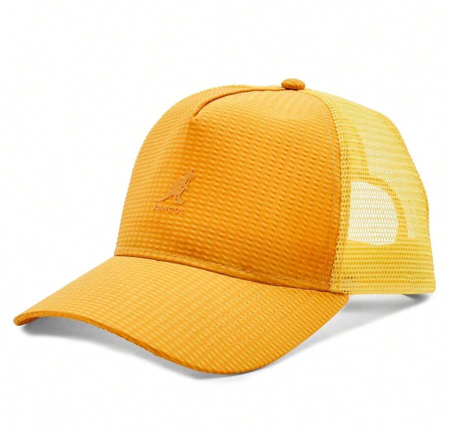 Kangol ✅ 泡泡紗網眼卡車司機帽「溫暖杏色」：紋理滌綸，網眼後面板，可調節按扣閉合，經典卡車司機風格，舒適通風。樸實休閒 - 黃色 - 查看 1