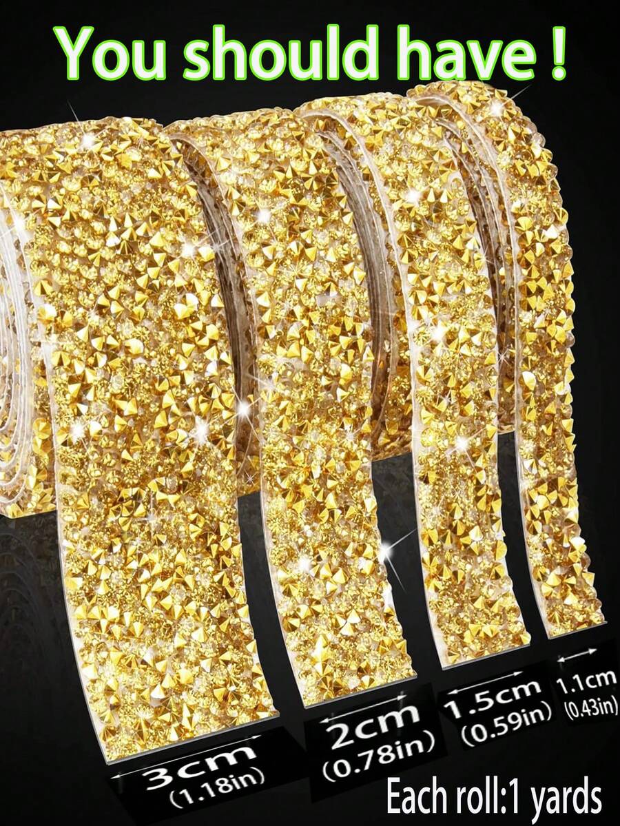 1 Roll DIY Gold Self-Adhesive Rhinestone Tape, Gold Rhinestone Strips, Diamond Crystal Rhinestone Tape Sticker, Shiny Rhinestones For Furniture, Mirrors, Frames, Crafts, Fabrics, Cars, Clothing, Bottles, Cakes, Phones, Birthday, Wedding Decor