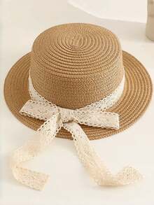 Baby Girl Sun Hat, Children Princess Lace Bow Beach Hat, Foldable UV Ion Sun Hat For Beach - Khaki - View 2