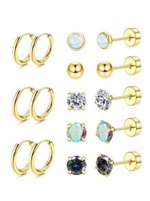 DAILI Set de 8 pares de pendientes dorados para mujer con múltiples perforaciones, de acero inoxidable y titanio, diseños con puntos, bolas, ópalo y circonita cúbica, calibre 20, conjunto de pendientes con aro y de botón con respaldo plano, aptos para pieles sensibles
