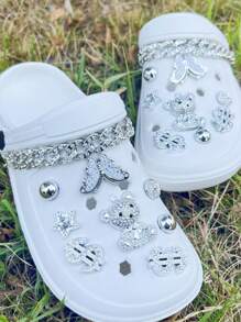 18pcs DIY Rhinestone Silver Bear & Metal Chain Decor Clips, Detachable Shoe Charms For Hollow Shoes/Sandals, All Seasons, Suitable As Gifts