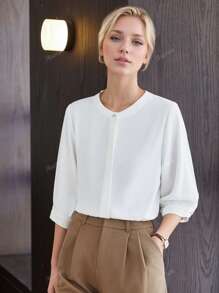 White 3/4 Sleeve Shirt For Women, Slim Fit, Thin, Round Neck Blouse Top, New Collection 2025 Summer